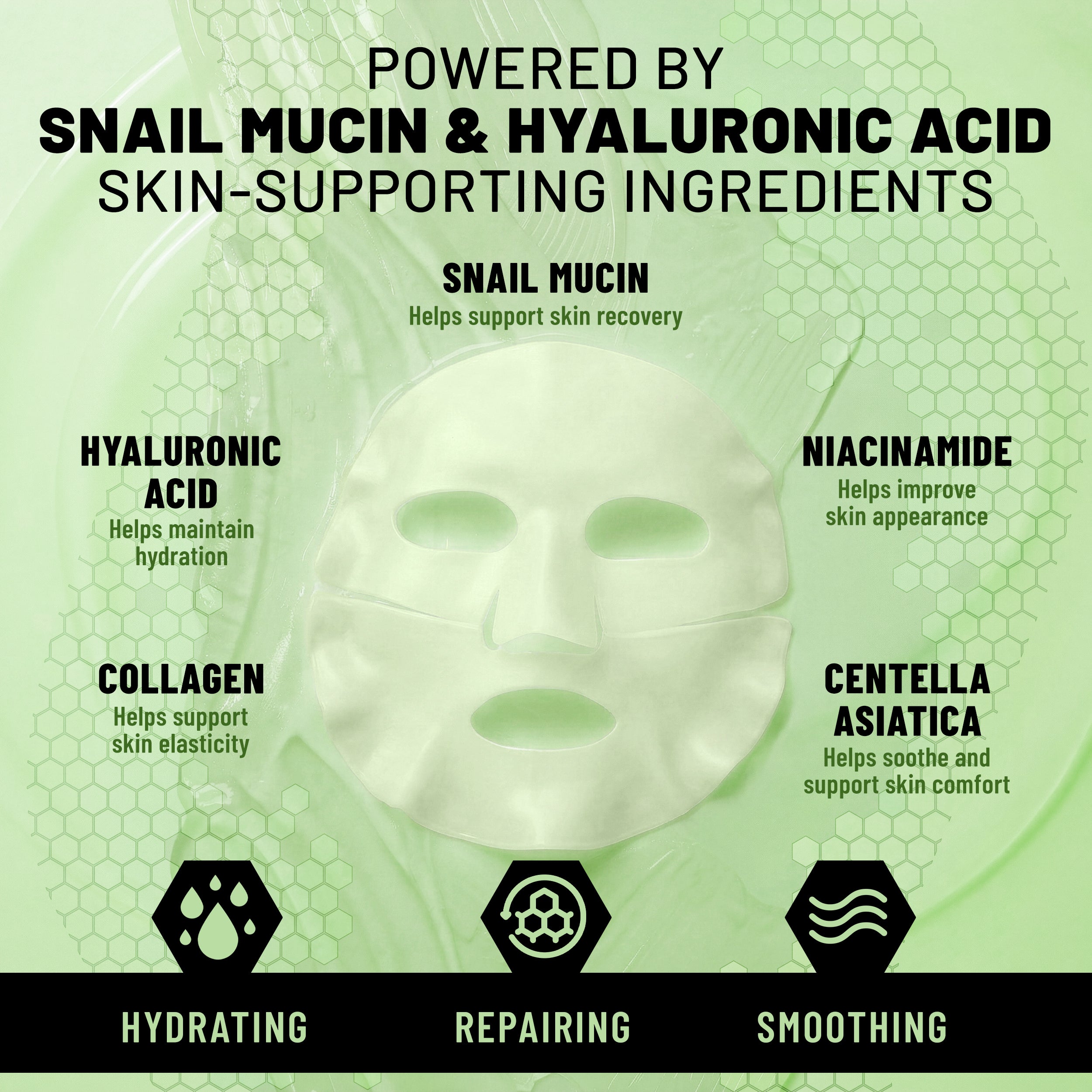 Bio-Collagen Hydrogel Face Mask, Hydrating & Repairing Mask with Snail Mucin & Hyaluronic Acid, 6 Masks